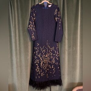 Eleanor Leftwich Navy Gold Feather Dress XS
